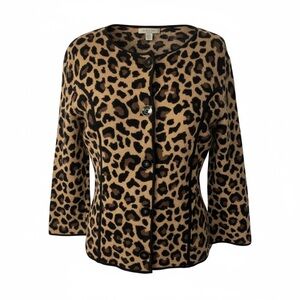 Jones New York Leopard Print Knit Cardigan Sweater Size Small S Button Down